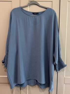Dusty Blue Smocked-Sleeve Blouse - Relaxed Women's Top